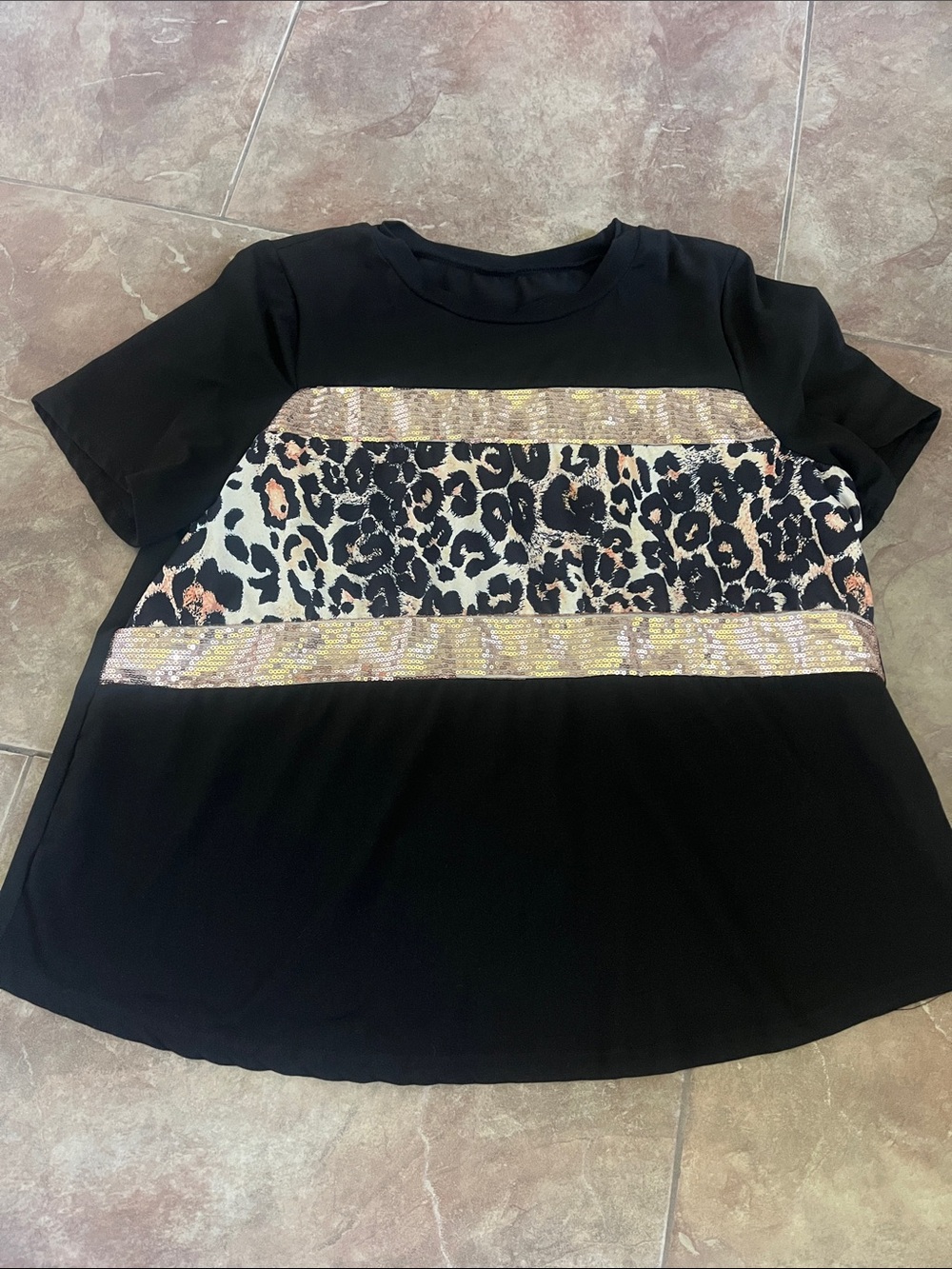 Black Short Sleeve Top with Leopard Panel and Sequin Bands
